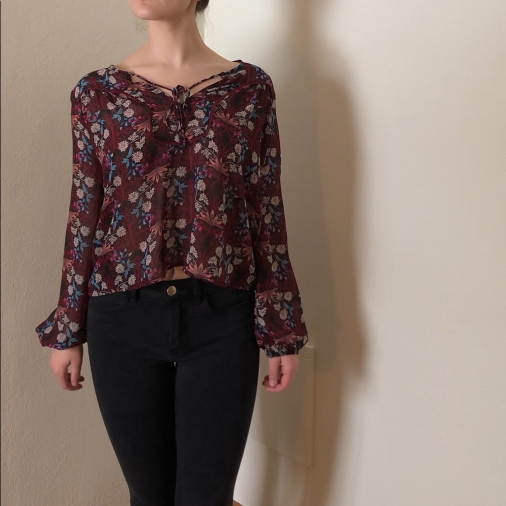 Lightweight Sheer Front Tie Floral Blouse